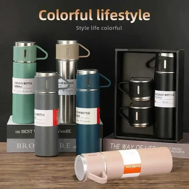 One Cup Three Lid Thermos Cup Set 304 Stainless Steel Handle Lid Gift Cup Men's And Women's Portable Gift Box Set
