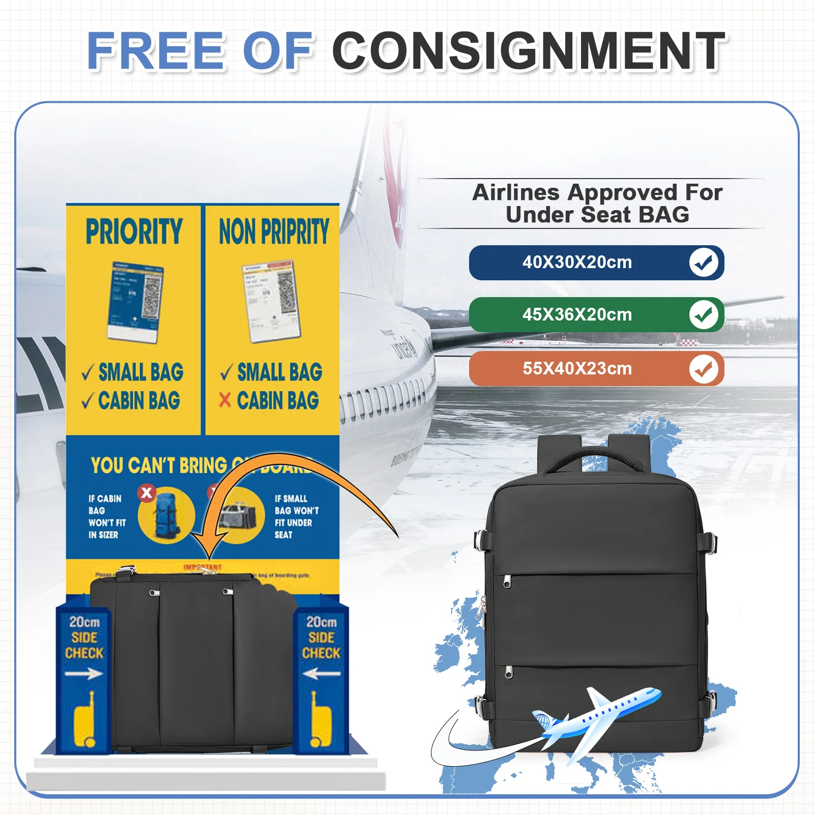 حقيبة ظهر Ryanair 40x30x20 للسفر لمسافات قصيرة حقيبة سفر للأعمال Wiz Air Cabin Bag 15.6 بوصة حقيبة كمبيوتر محمول، حقيبة ظهر للأزواج الترفيهية