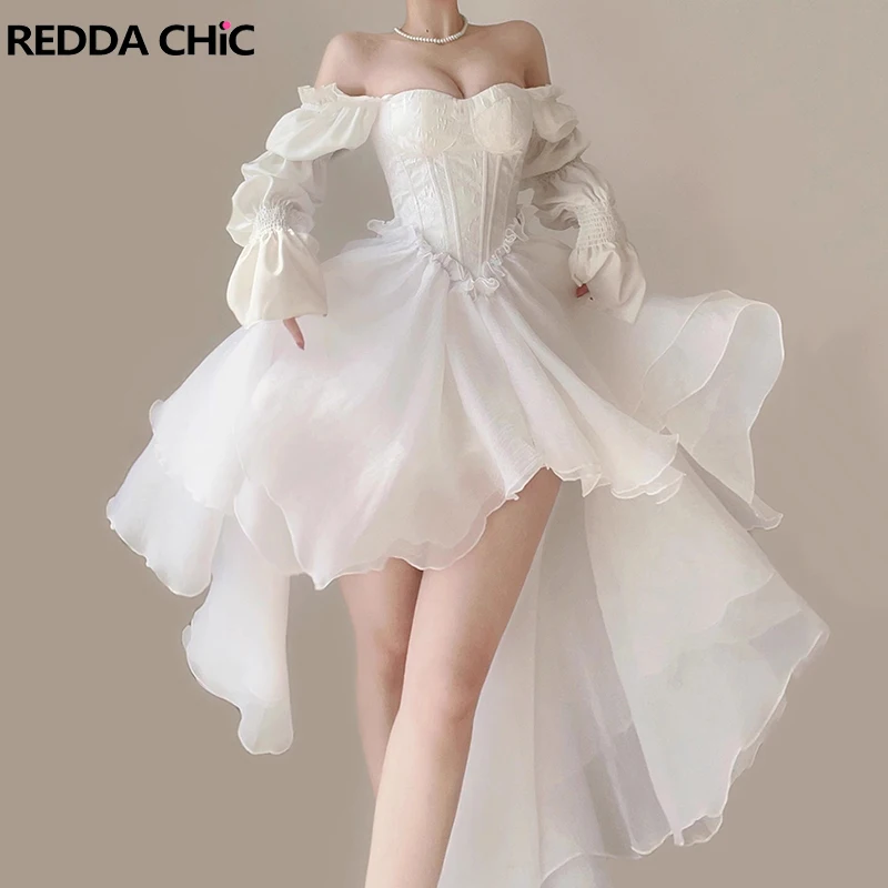 

REDDACHiC White Stain Beaded Trailing Mini Dress Jacquard Corset Laced Puff Long Sleeve Princess Dress Women Wedding Party Gown