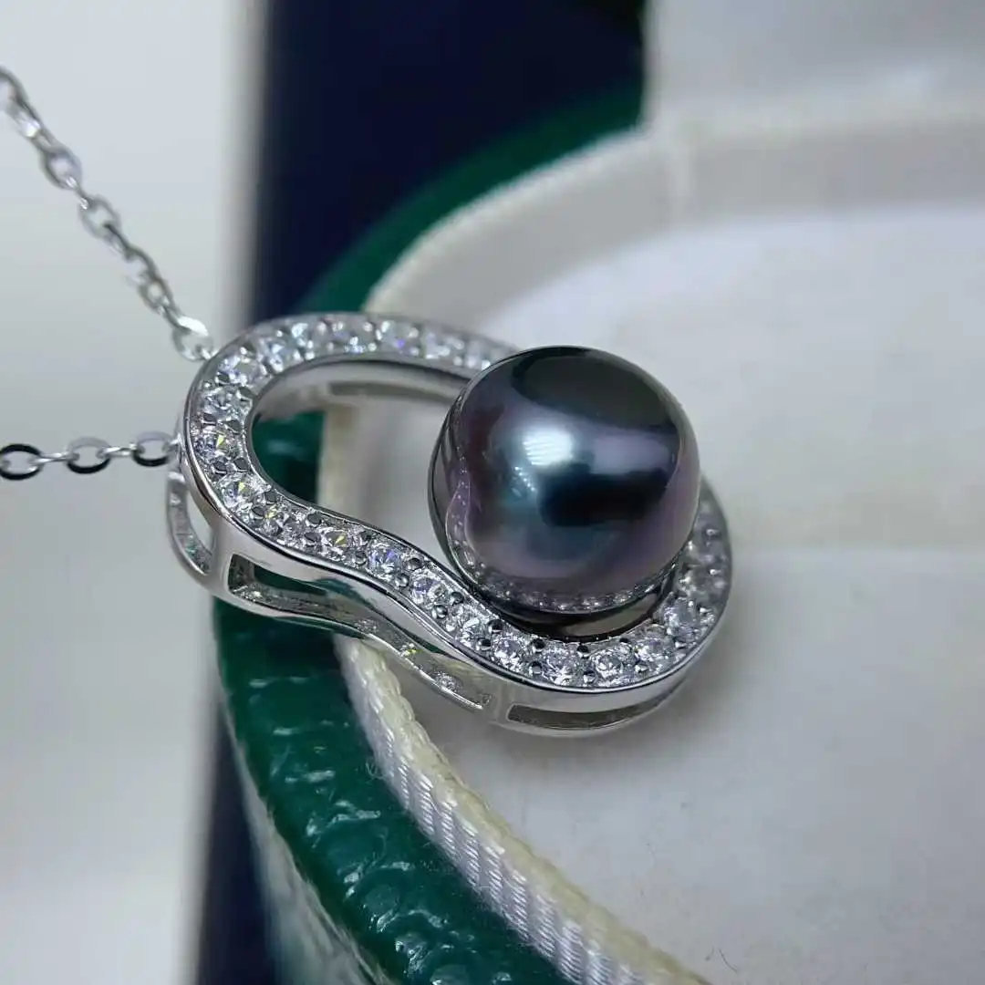 شهادة فاخرة 925 Siler مياه البحر تاهيتي اللؤلؤ محظوظ فول قلادة أورورا بريق المياه المالحة اللؤلؤ الأسود مصمم المجوهرات
