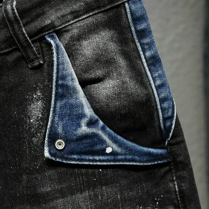 Pop Summer Men's Elastic Splashed Ink Vintage Black Knee Length Jeans Shorts Casual Trendy Slim Printed Denim Shorts Streetwear