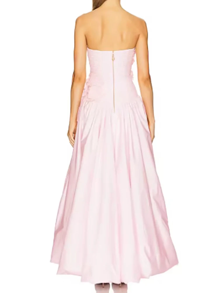 2025 Solid Slim Elegant Dresses for Women Strapless Sleeveless Patchwork Applique Split Irregular Hem Midi Dress Female Clothing