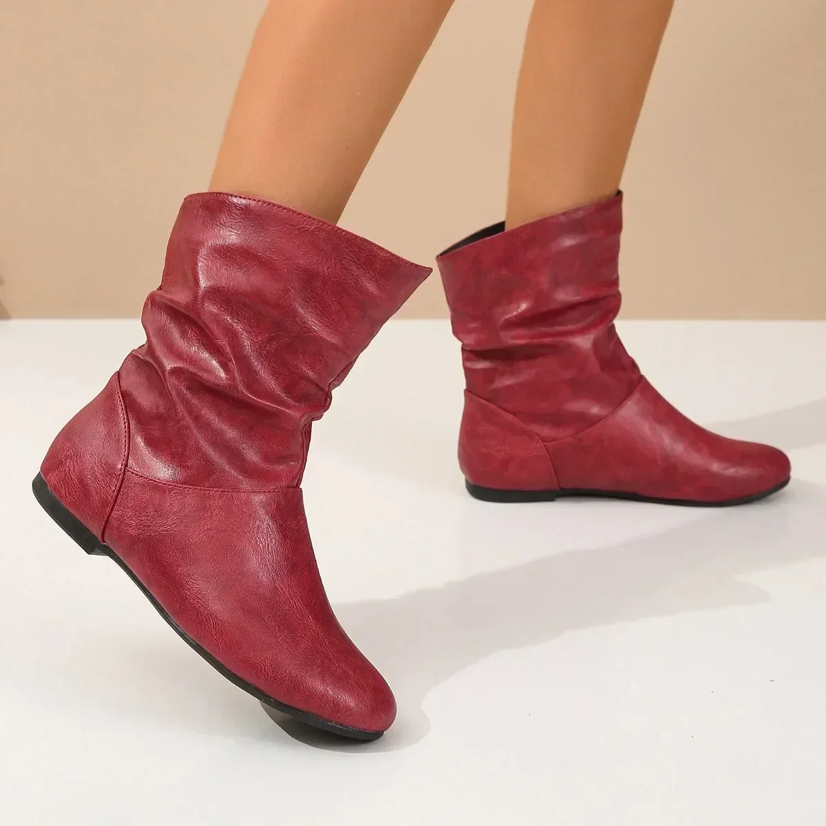 Women Leather Boots Slip on Short Boots Fashion Pleated Round Toe Autumn  Solid Color Abkle Boots Flat Booties Botas Mujer 2024