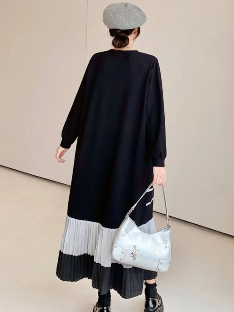 特大の女性用Tシャツ,プリーツドレス,ルーズセーター,パッチワークカラー,長袖,春,秋