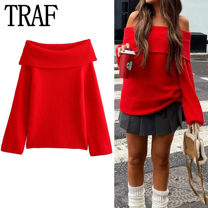 TRAF Red Off Shoulder Sweater Woman Winter Knitted Sweater Women Pullover Long Sleeve Knit Top Fashion Women Sweaters 2023