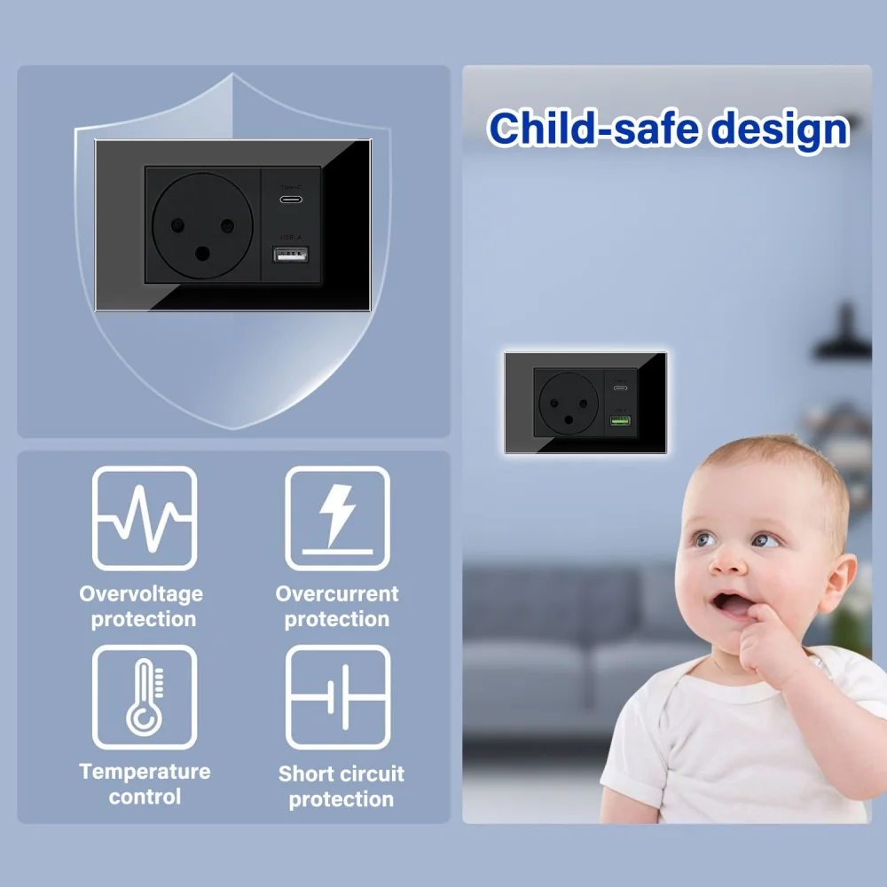 EIOMR Israel USB tipo C enchufe de pared de carga rápida, 118*75mm vidrio templado negro Sat TV Tel timbre interruptor de luz de pared mecánico