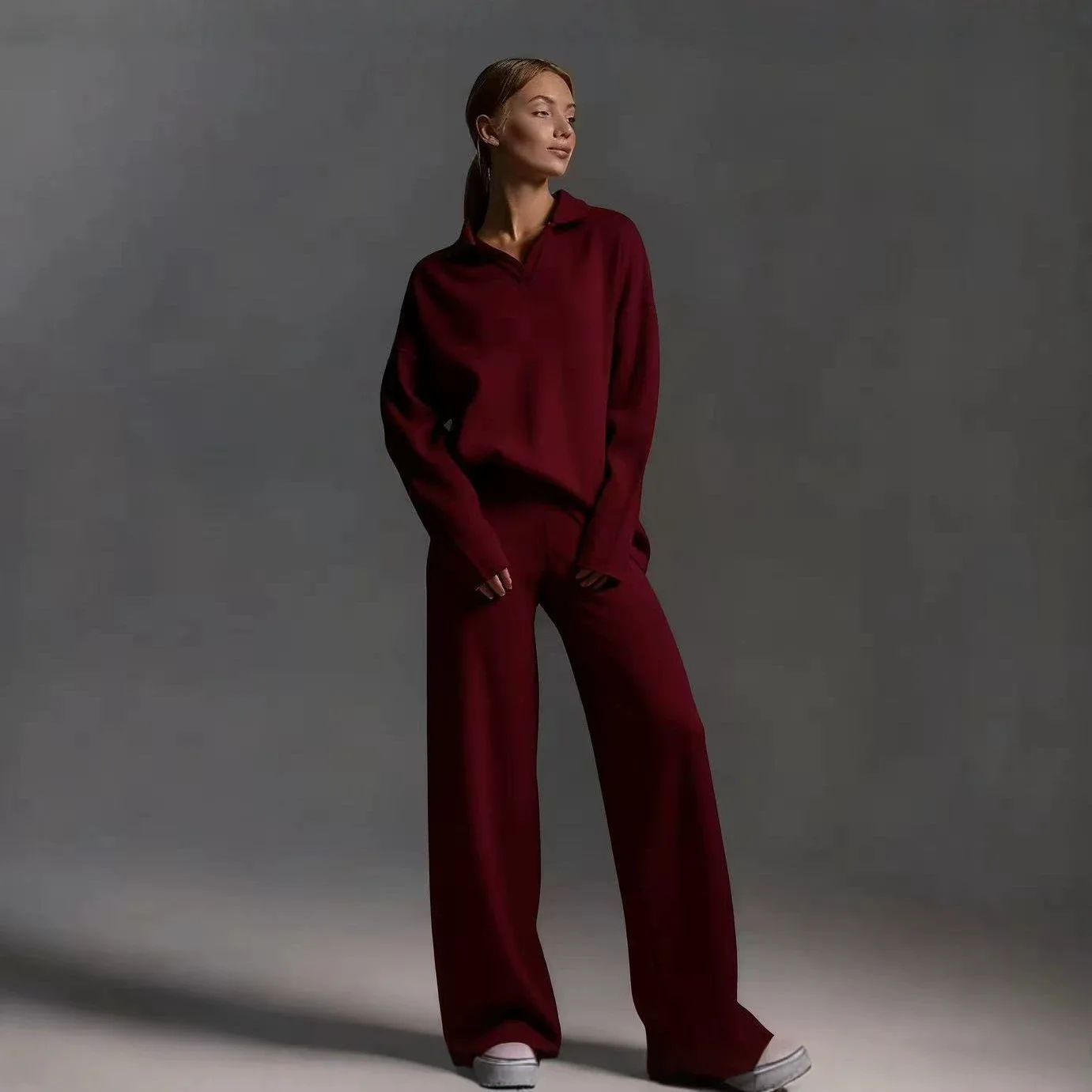 2026 Fashion Amazon TikTok Europe And America Solid Color Autumn And Winter Suit Polo Collar Wide Leg Pants Two-piece Set Women