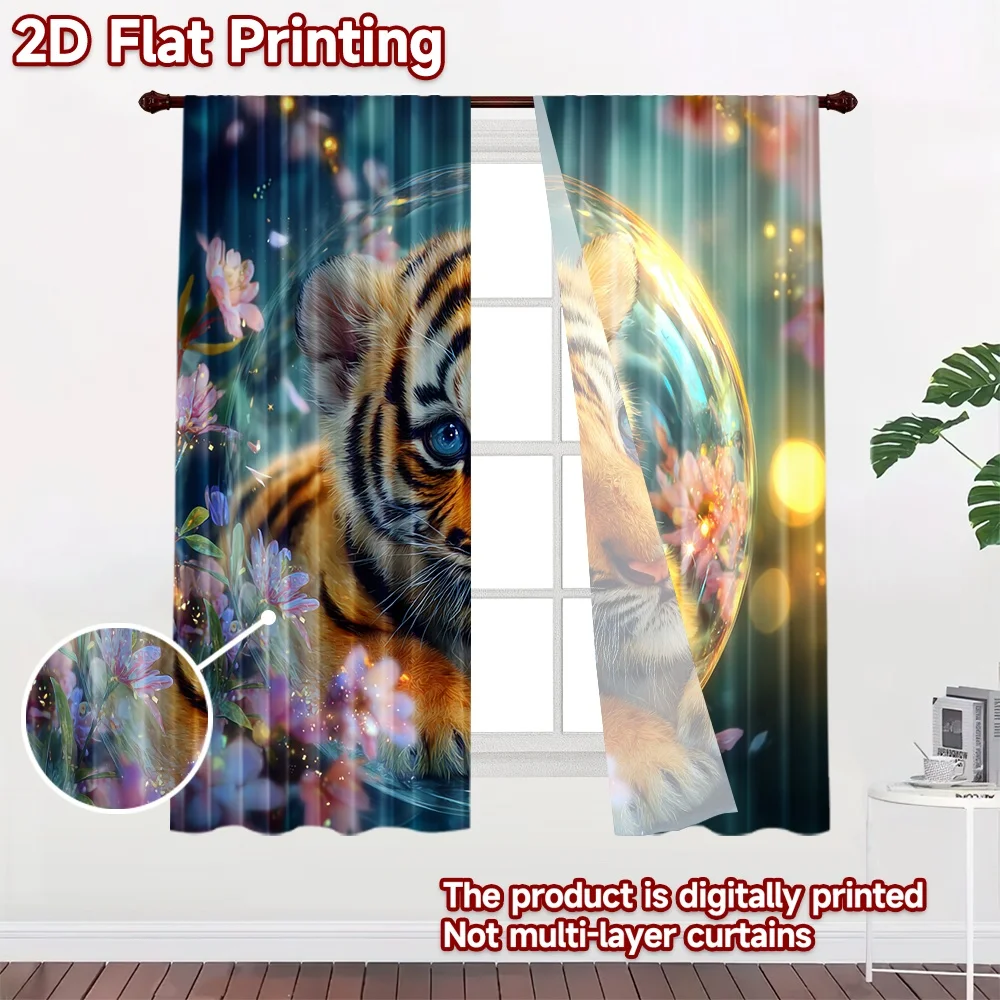 2D flat printing 2pcs Curtains Cute Tiger In Crystal Orb Digital Printed Polyester Drapes Seasonal Party & Holiday Decor Perfect