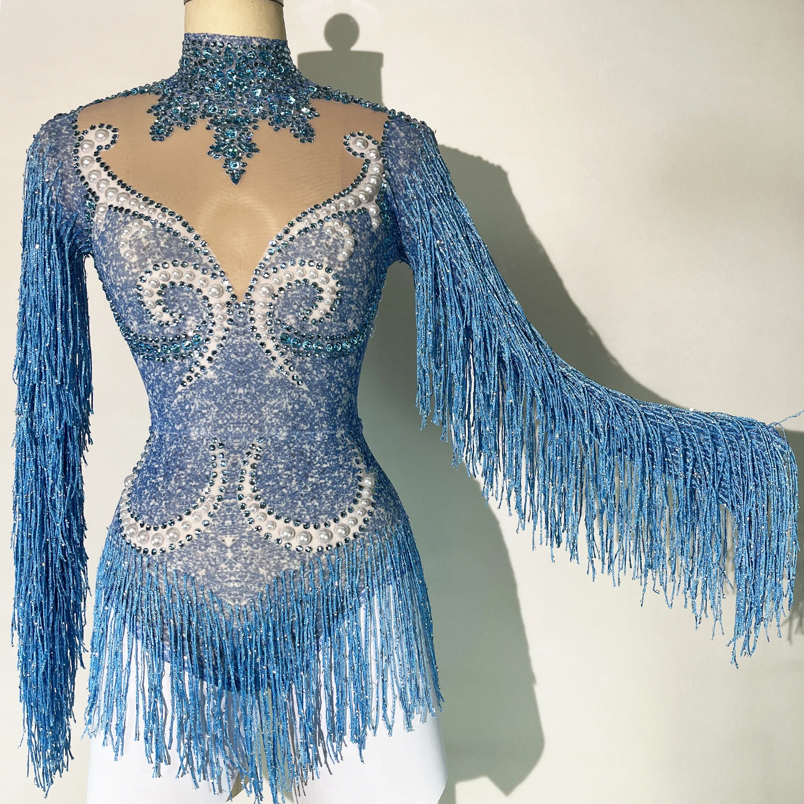 fashion blue crystal bodysuit tassels sexy see through club party DS performance leotard women birthday Team pole dance clothing