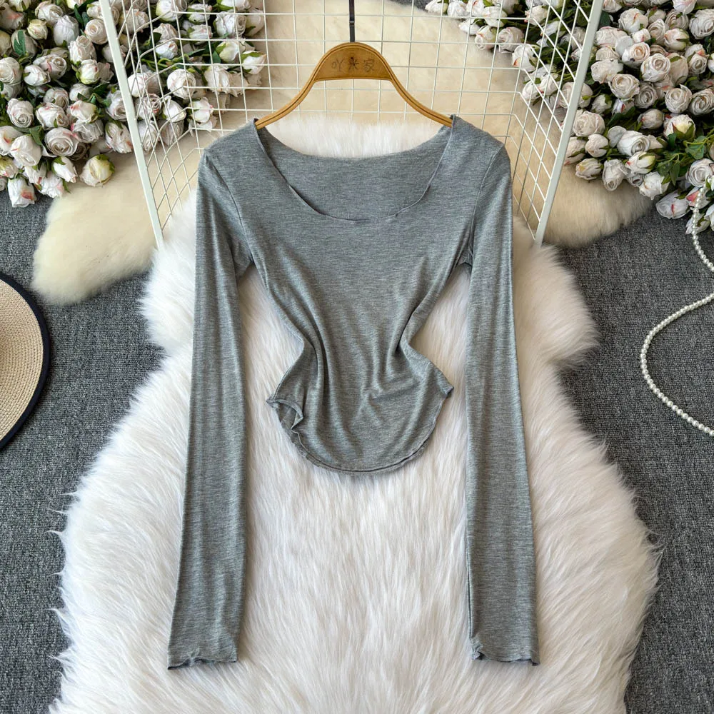 Chic O-neck Basics Long Sleeve Elegant Asymmetrical Slim Top French Fashion Streetwear High Street Autumn Winter Elastic Shirts