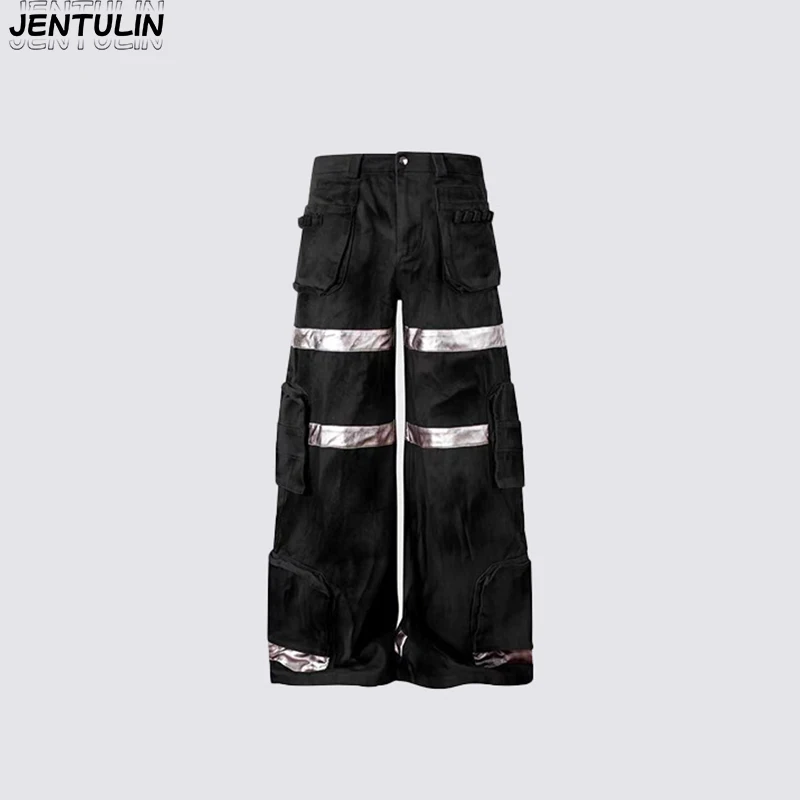 Casual Pants Men's Straight Leg Spliced Silver Reflective Strip Wide Leg Work Pants American Jeans Unisex Clothing