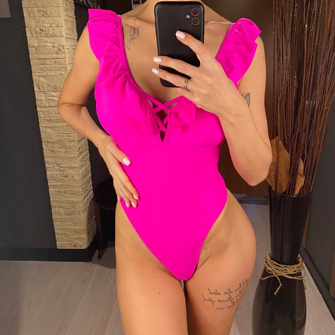Neuer, verführerischer, rüschiger, rückenfreier Badeanzug, einteilig, für Damen, mit hohem Beinausschnitt, Monokini, Badebekleidung, Badeanzug, Modell V5890. – Detail 2