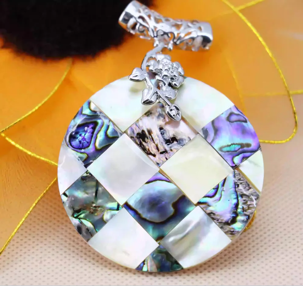 

50mm Circular grid splicing natural abalone shell necklace pendant, white shell colored shell necklace pendant