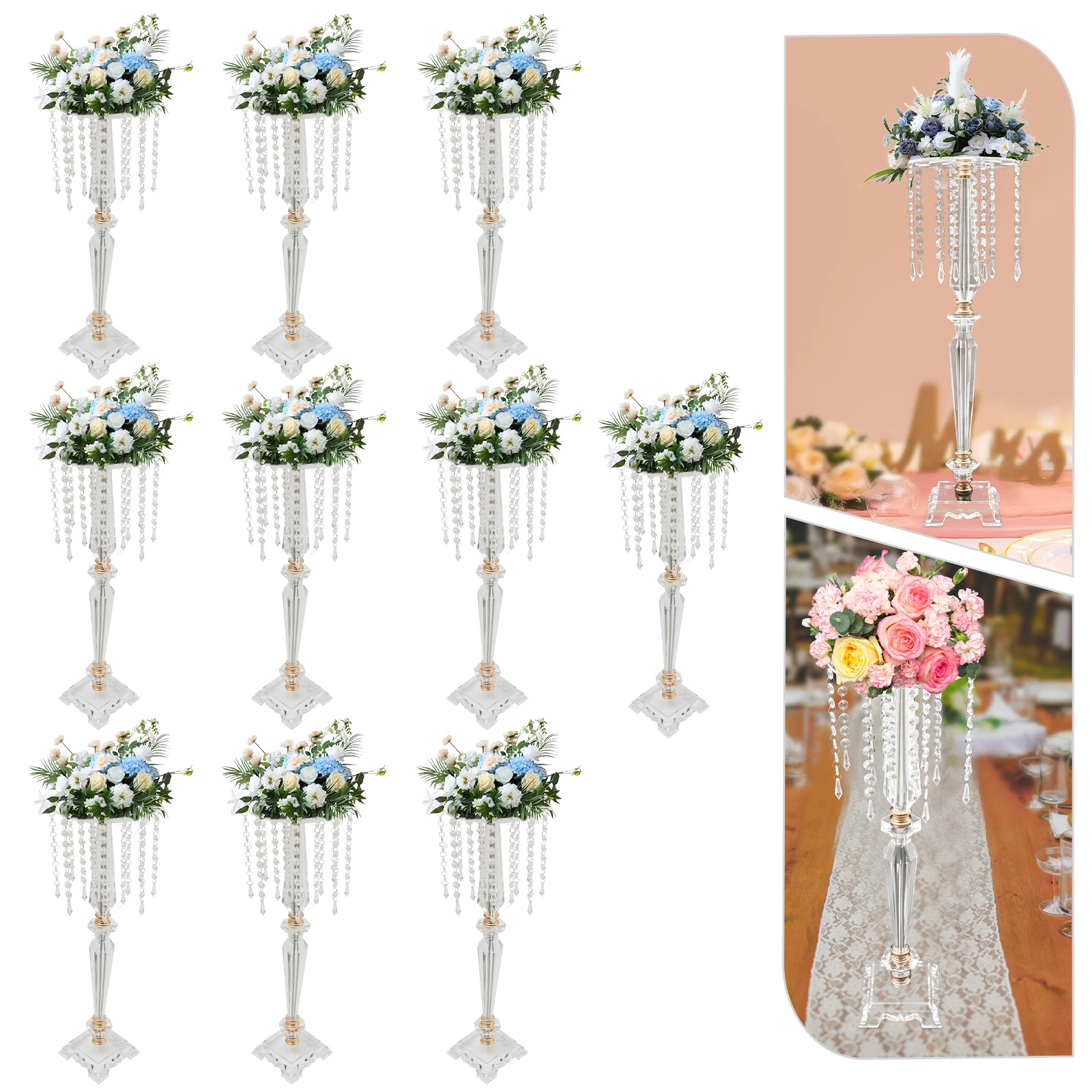 

10 Pack 26 Inch Tall Clear Acrylic Tower Floral Vase with Chandelier Crystals Wedding Accessories Modern Wedding Display Stand Table Centerpiece Decor for Ceremony Birthday Home