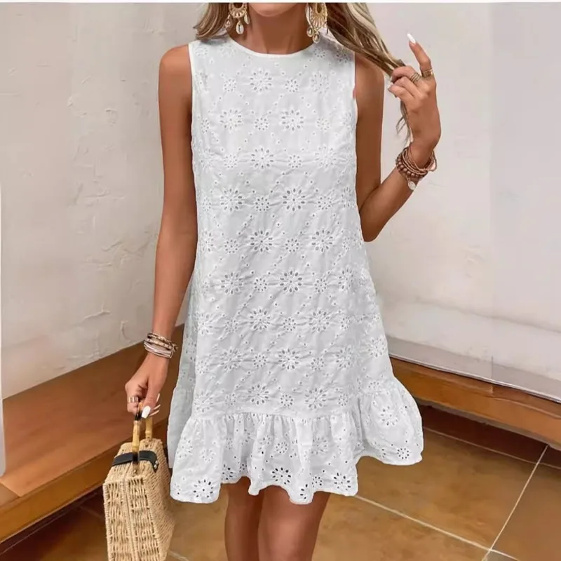 Summer Elegant Mini Dresses O-Neck Embroidery Sleeveless Mini Straight Dresses Y2k Vacation Fashion Summer Bohemian Dress Платье