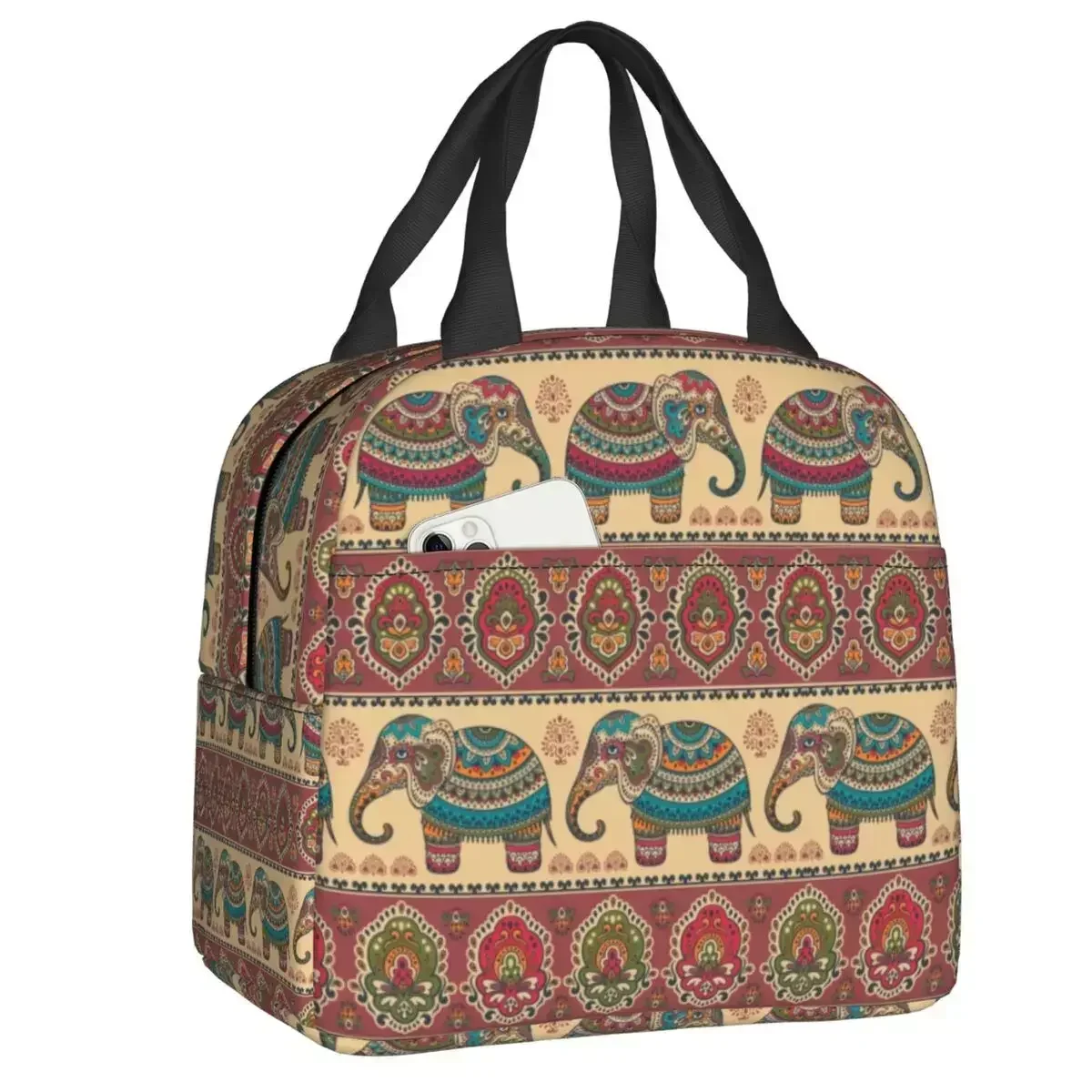 Elephants Paisley Flowers Pattern Insulated Lunch Bags For Boho Bohemian Art Cooler Thermal Bento Box Work School Travel