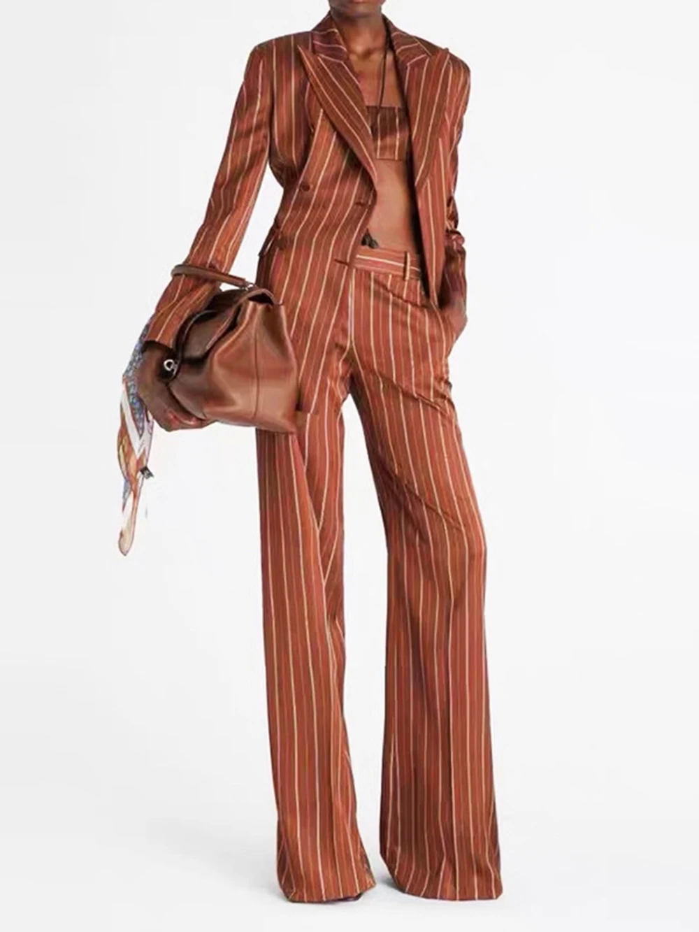Modphy New 2026 Designer Suit Set Women's Double Breasted Striped Slim Blazer Pants Suit 2PCS