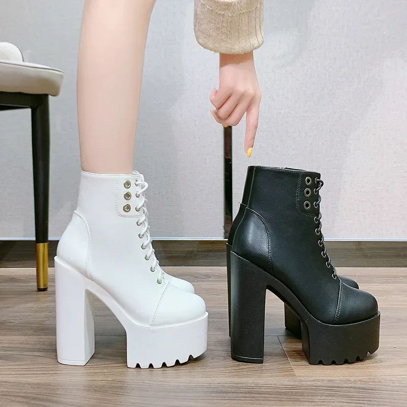 Boots Women Autumn Shoes Mid-Calf Platform PU 10CM Square heel Riband British Style Women Shoes black