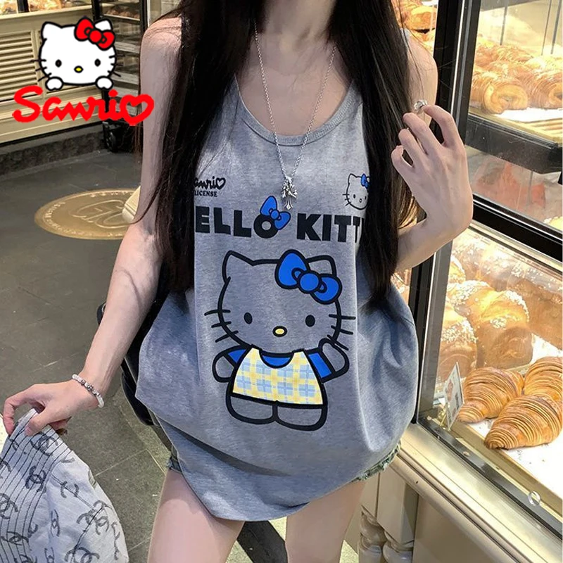 

Sanrio Hello Kitty майки жилет мультфильм милая женская футболка без рукавов с принтом Y2K летний повседневный свободный спортивный топ подарки для девочек