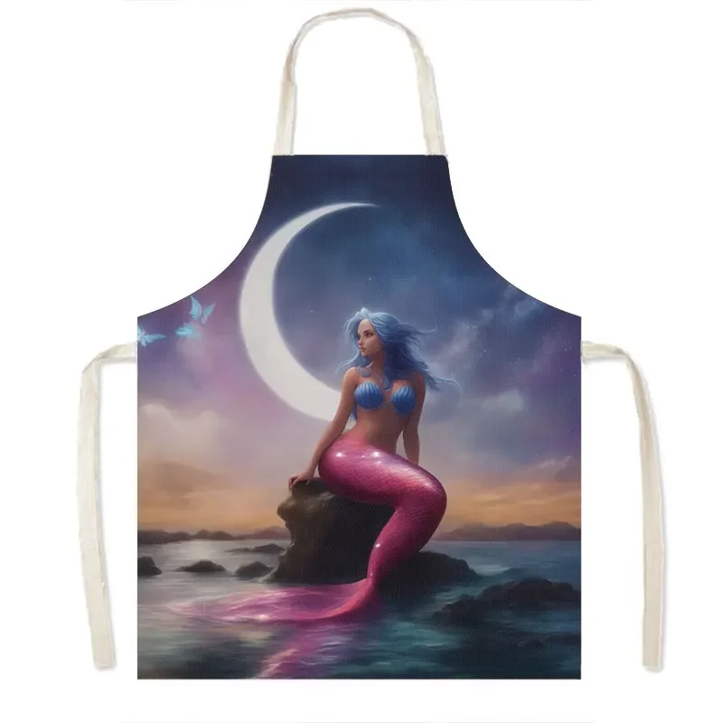 Cartoon Mermaid Dolphin Print Cooking Apron Women Linen Pinafore Afro Girl Home Cleaning Clothing Waiter BBQ Chef Kitchen Aprons