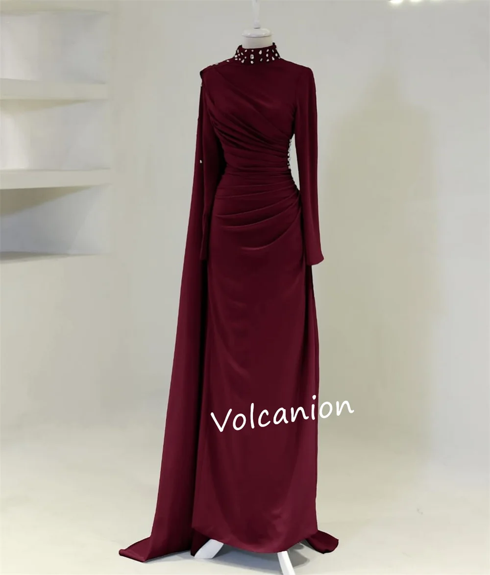 Индивидуальные джерси с драпировкой и стразами, трапециевидные платья миди с высоким воротником, на заказ, для выпускного вечера, элегантные, простые, подходящие