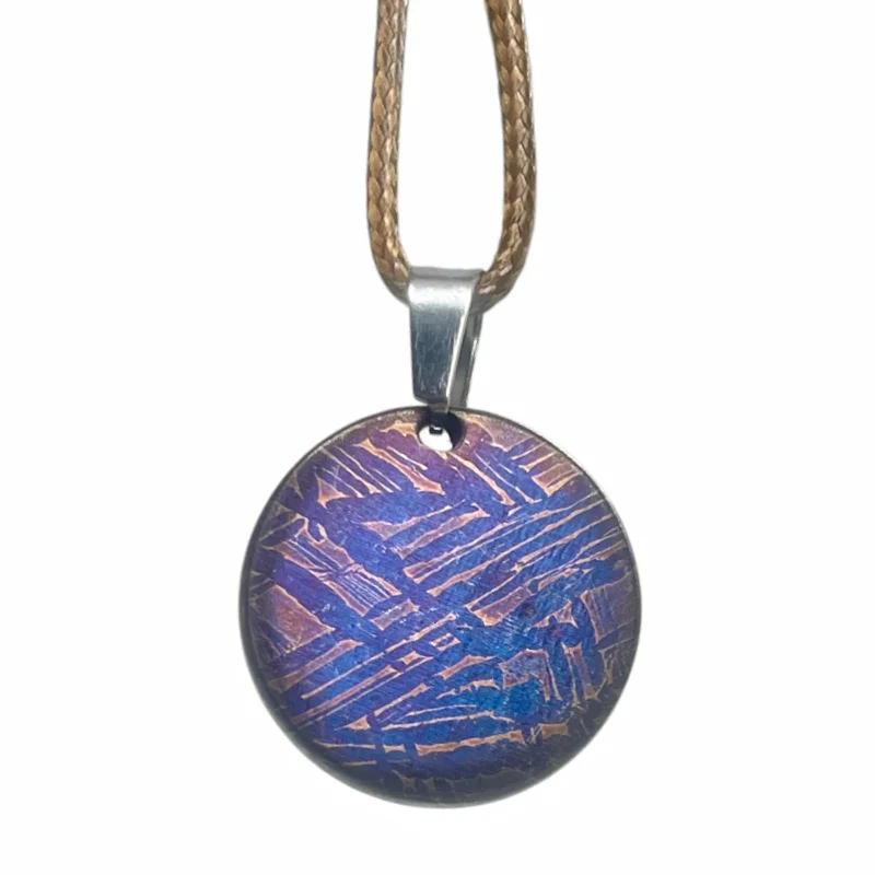 Muonionalusta Iron Meteorite Round Disc Pendant Titanium Color‑Coated Widmanstätten Pattern Braided Rope Necklace LK486
