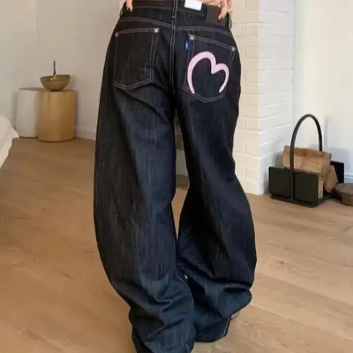 

East Gate Denim Pink Heart Embroidery Long Pants Casual High Waist Wide Leg Jeans Autumn Faion Ladies Premium Quali