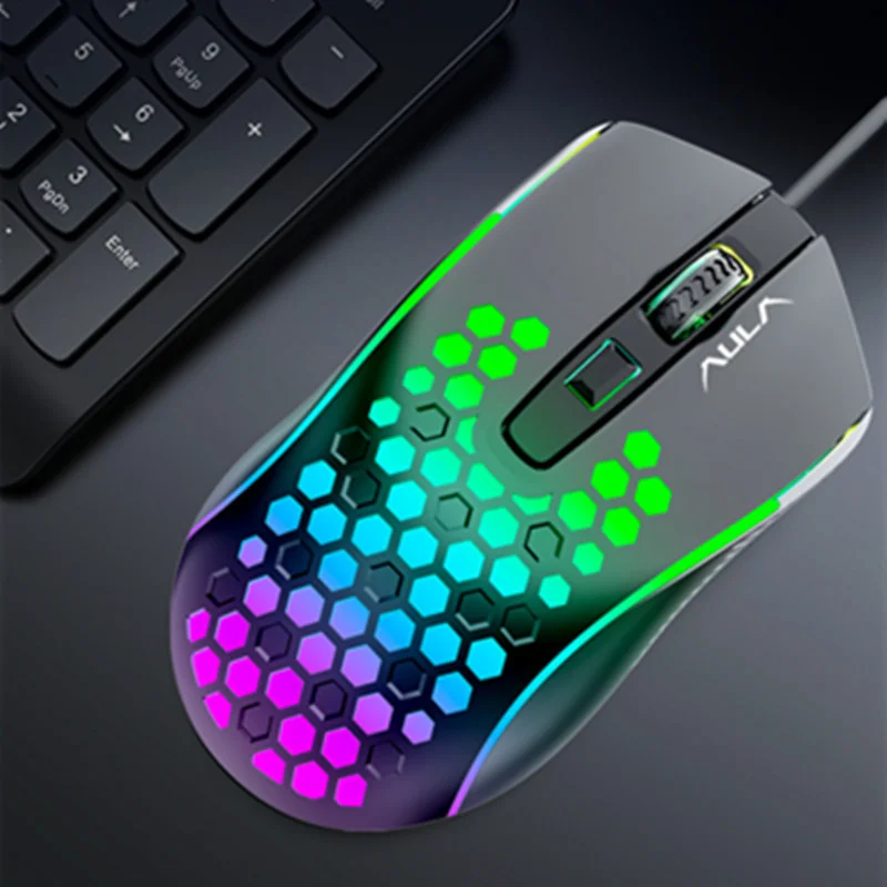 AULA Wired Gaming Mouse Gradient Light 4 Level DPI Ergonomic Perforated Breathable USB Computer Mice for Game Office
