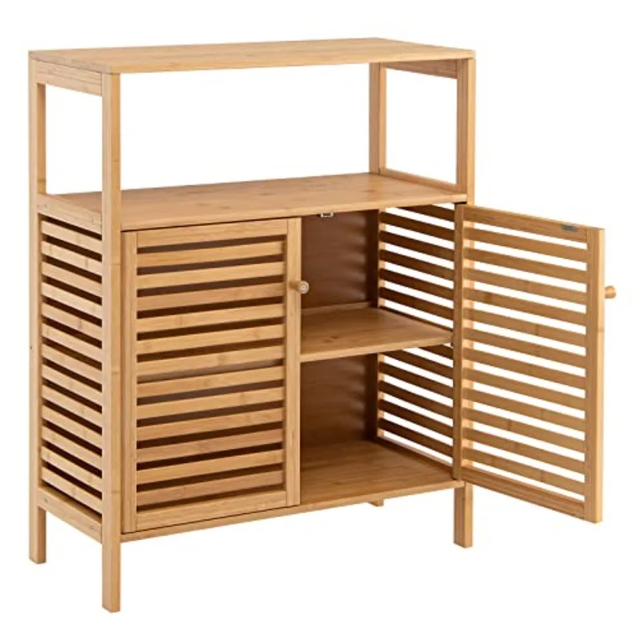 

Bathroom Storage Cabinet Freestanding Storage Organizer w Open Shelf Double Louvered Doors Removable Shelf Bathroom Cabinet for