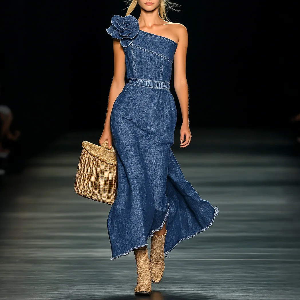 

2025 Summer New Women's Clothing Elegant Off-the-shoulder Denim Floral Dress