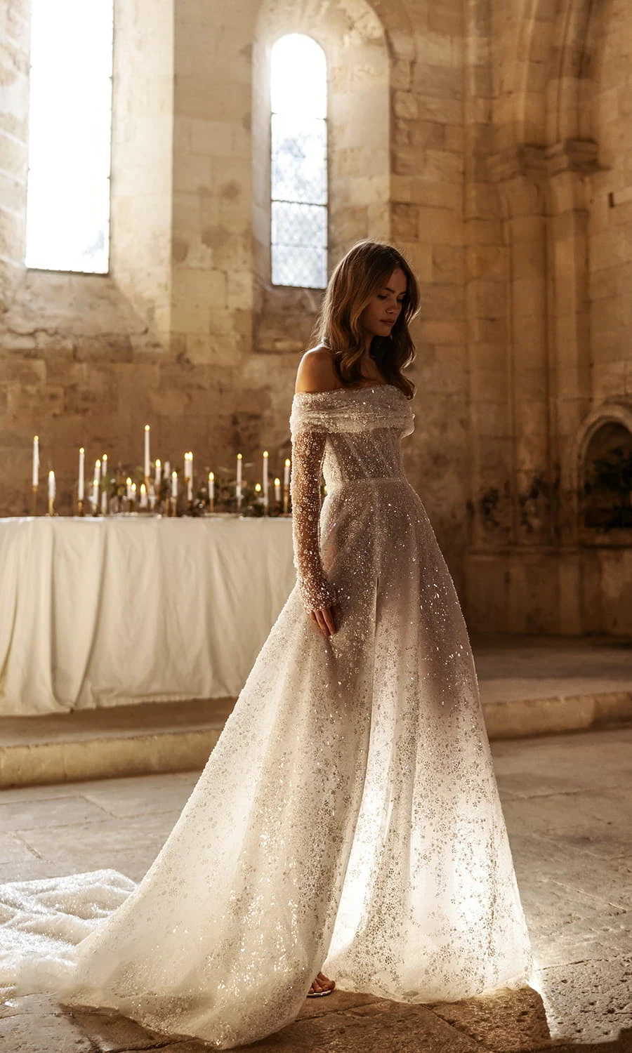 Vestidos De novia De sirena De lujo con hombros descubiertos, vestidos De novia De manga larga con abertura lateral alta, hechos a medida vestidos De novia, vestido De tren De barrido