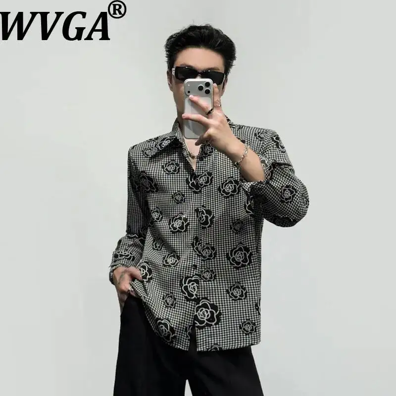 WVGA Summer New Men Luxury Turn-down Collar Vintage Color-Block Print Trendy Long Sleeve Shirt Niche Chic Casual Tops Ins W25859