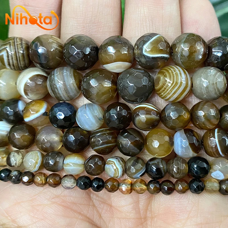 Natural Faceted Coffee Striated Agates Onyx Beads Smooth Round Loose Beads DIY Accessories Bracelet Earrings 15\'\' 4/6/8/10/12mm