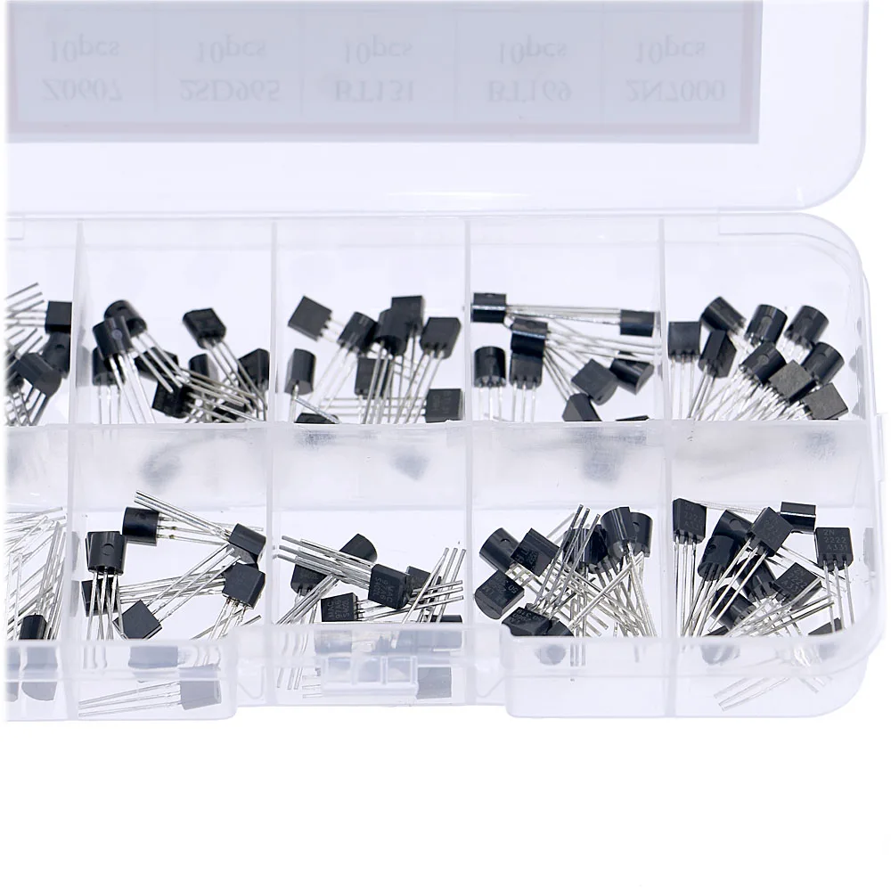 100Pcs 10 Kinds Triode Thyristor Assortment Kit Z0607 2SD965 BT131 BT169 2N7000 TL431 MCR100-8 MAC97A6 LM2950-5V 2N2222