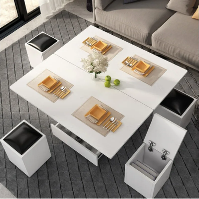 Small family simple solid wood burning stone toughened glass tea table multifunctional folding lift table dual purpose