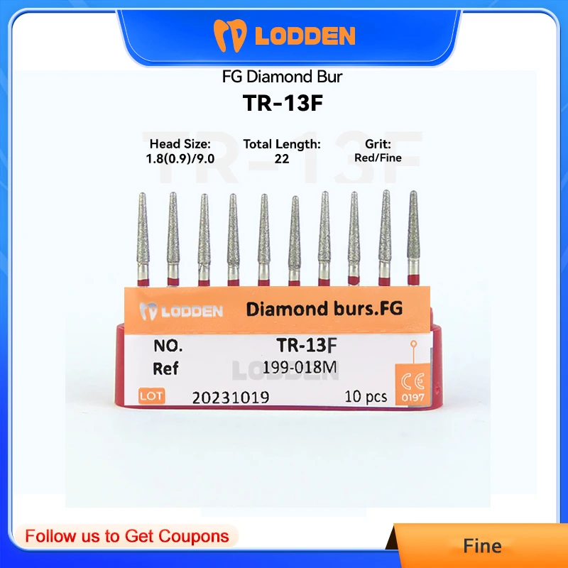 LODDEN 10pcs/box Dental Lab Products TR-13F Diamond Bur FG High Speed 1.8(0.9)/9.0 22.0mm Red Fine Medium Precise Dentist Tool