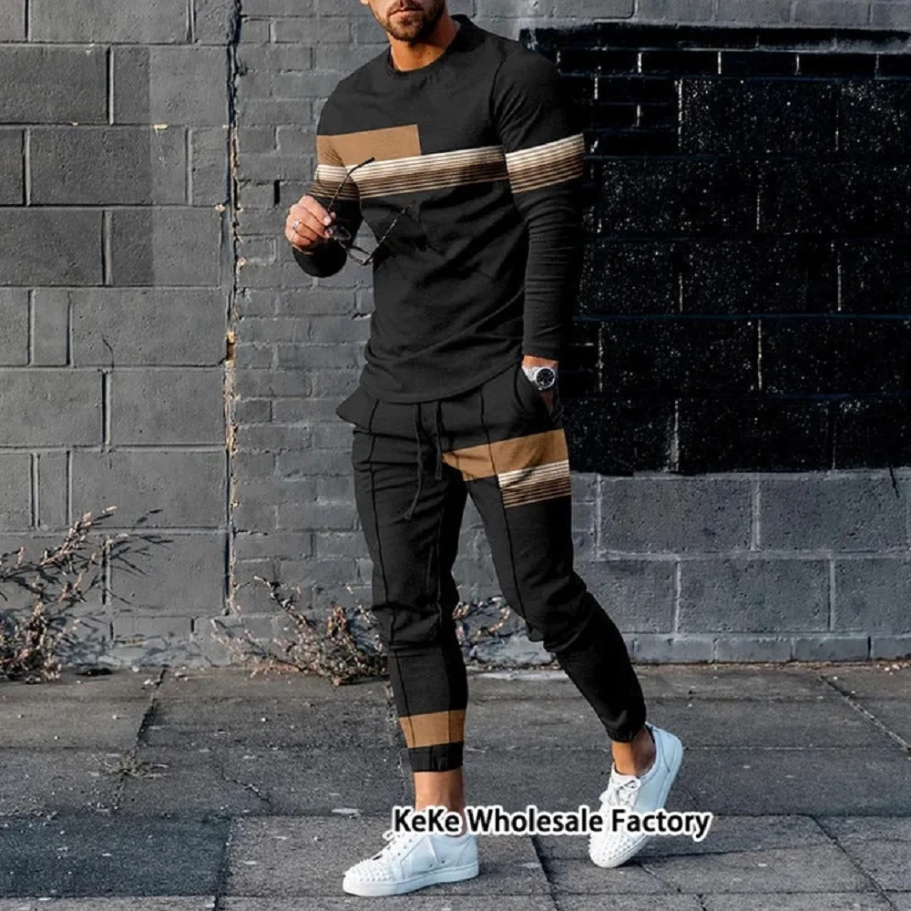 New Fashion Man Tracksuit Sets Striped Jogging Outfits Oversized Men Clothing Long Sleeve T Shirt 2 Piece Cool Suits