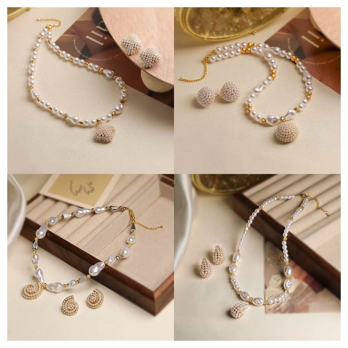 HECHENG,Fashion Delicate Petal Droplet Bow Earrings Necklace Retro Ocean Style Shell Conch Pearl Jewelry Set