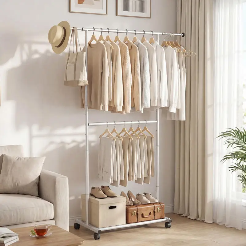 

Rolling Clothes Rack Double-Rod Extendable Garment Stand for Hanging Clothes