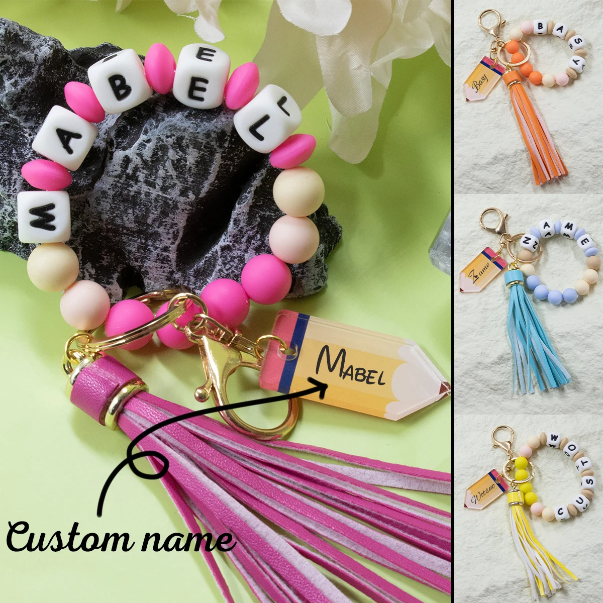 

Custom Pencill Keychain Name,Personalized Silicone Beaded Bracelet, Alphabet Silicone Beads,Customized Bag Charm