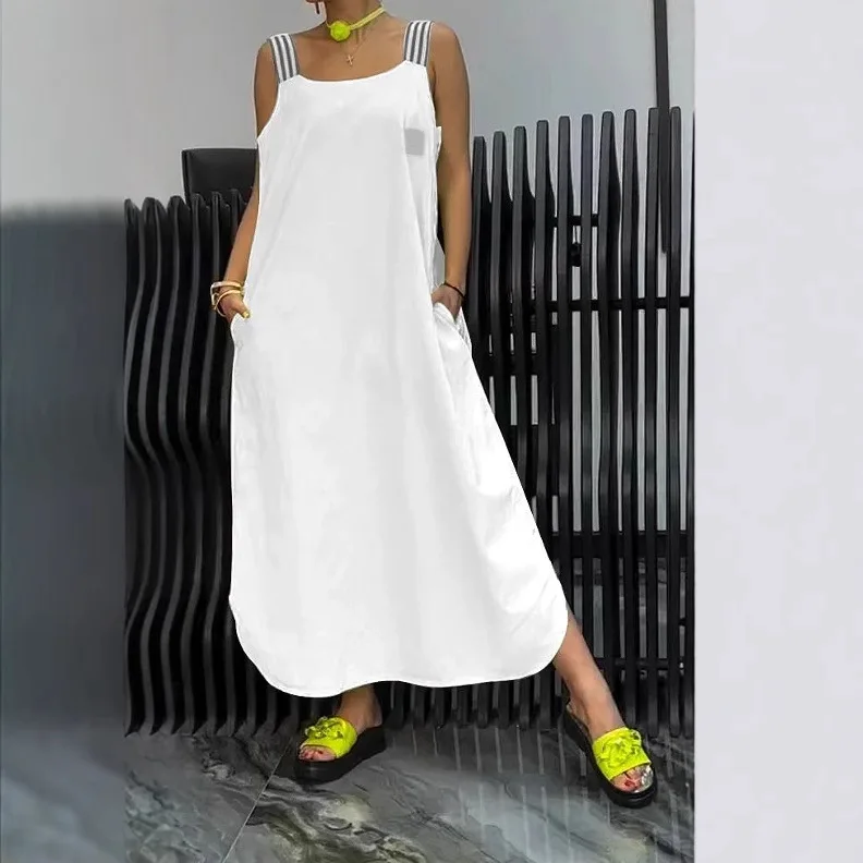 

Summer Maxi Dress For Women Fashion Striped Shoulder Strap Solid Color Loose Long Dress Elegant Robe Femme Vestidos Ropa Mujer