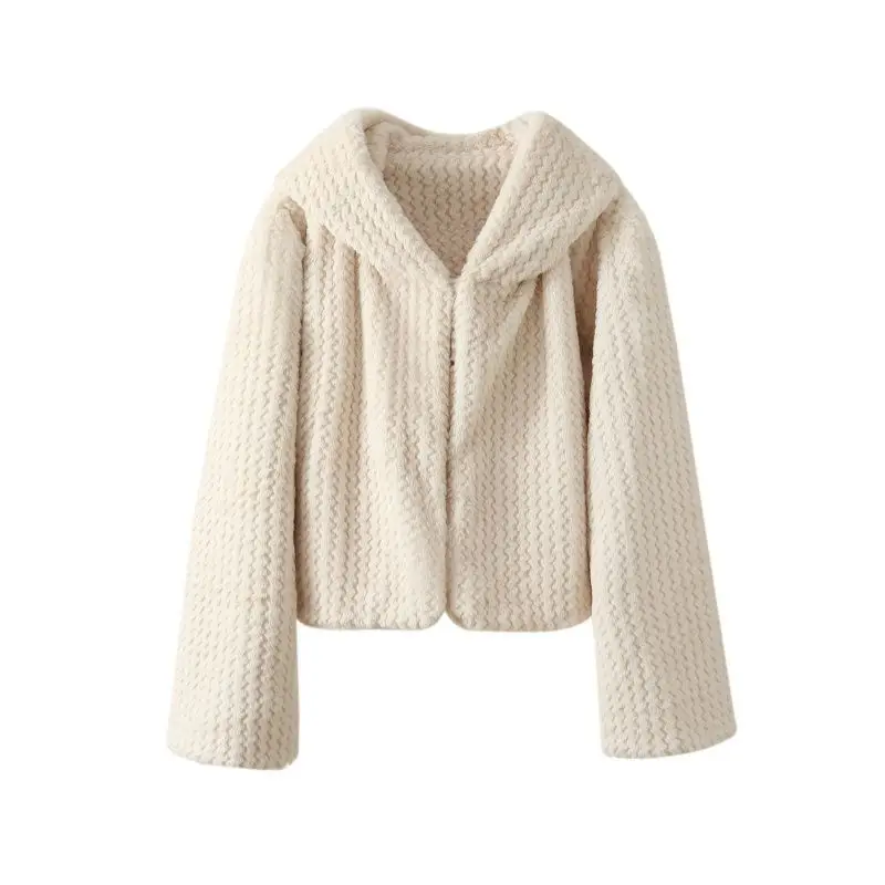 معطف فرو أرنب قصير بقلنسوة منسوج يدويًا جديد لخريف وشتاء 2025 للنساء #3