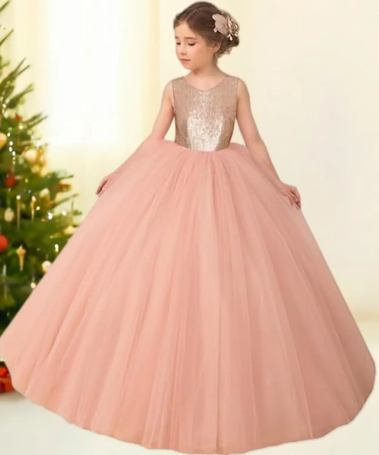 Vestidos de princesa para niña, vestidos de boda de tul con lentejuelas, vestido de primera comunión con cuello redondo, vestido de desfile para niña, vestido de baile Formal