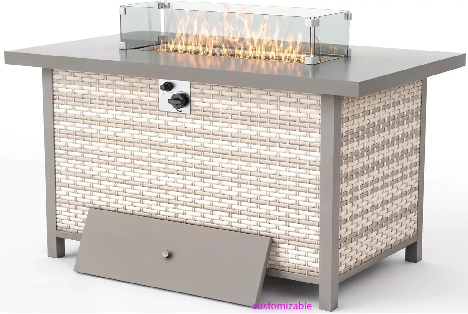 

40.5-inch Rectangle Grey Outdoor Companion,60000 BTU Auto-Ignition w Glass Wind Guard,Internal 20lb Propane Tank,(Grey, Rattan)