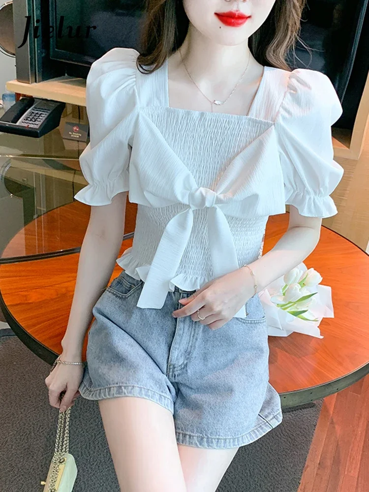 

Jielur Summer New Slim Fit Solid Color Women Blouse Sweet Ladies Elegant Blouse Woman White Blue Apricot Puff Sleeve Top Female