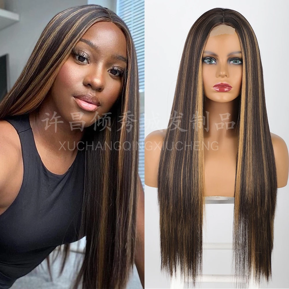 باروكة متوسطة، شعر مستقيم طويل متدرج باللون الأسود والذهبي، غطاء شعر مستعار صناعي صغير من الدانتيل، مناسب للنساء اليومي #3