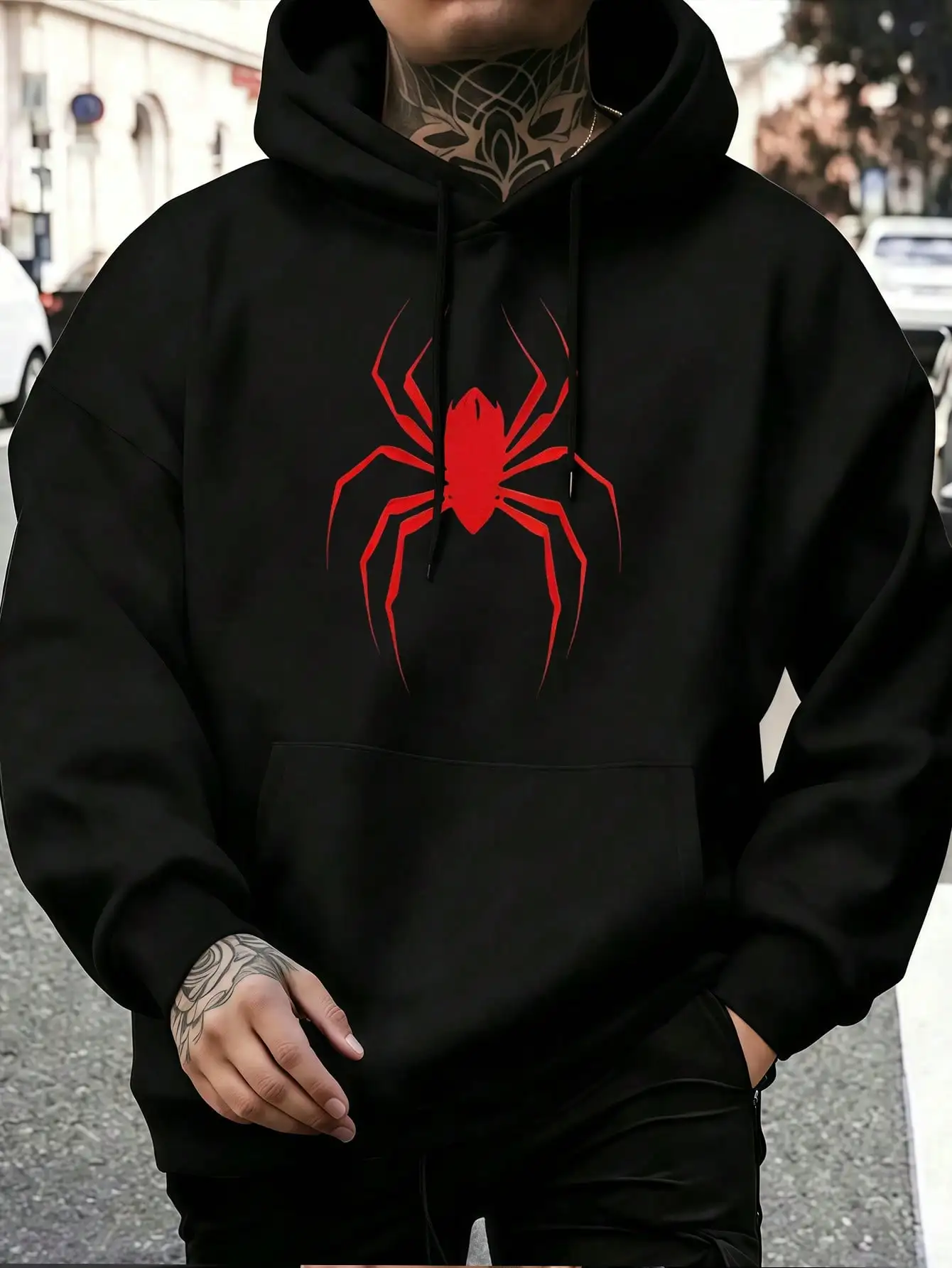 1pc Unisex Hoodie Red Spider Print Black Hoodie, Hoodies For Men Lightweight Polyester Material, Simple Drawstring Hoodie, Machine Washable, For Sprin