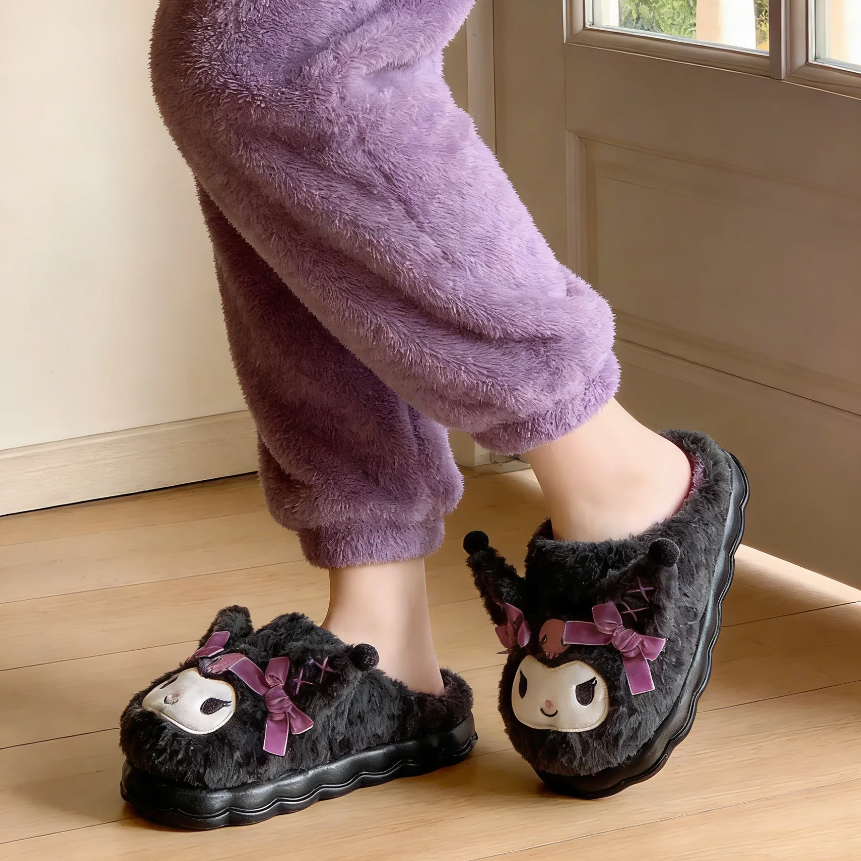 

Kids' Slippers House Shoes Cartoon Kuromi Bow Winter Shoes For Girls Warm Anti-slip Home Slipper Pruple Black Shoes Size 36-41