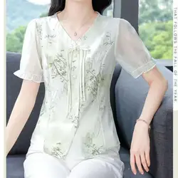 Elegant Fashion Spliced Blouse Women's Clothing Summer Female V Neck All-match Short Sleeve Printing Shirt