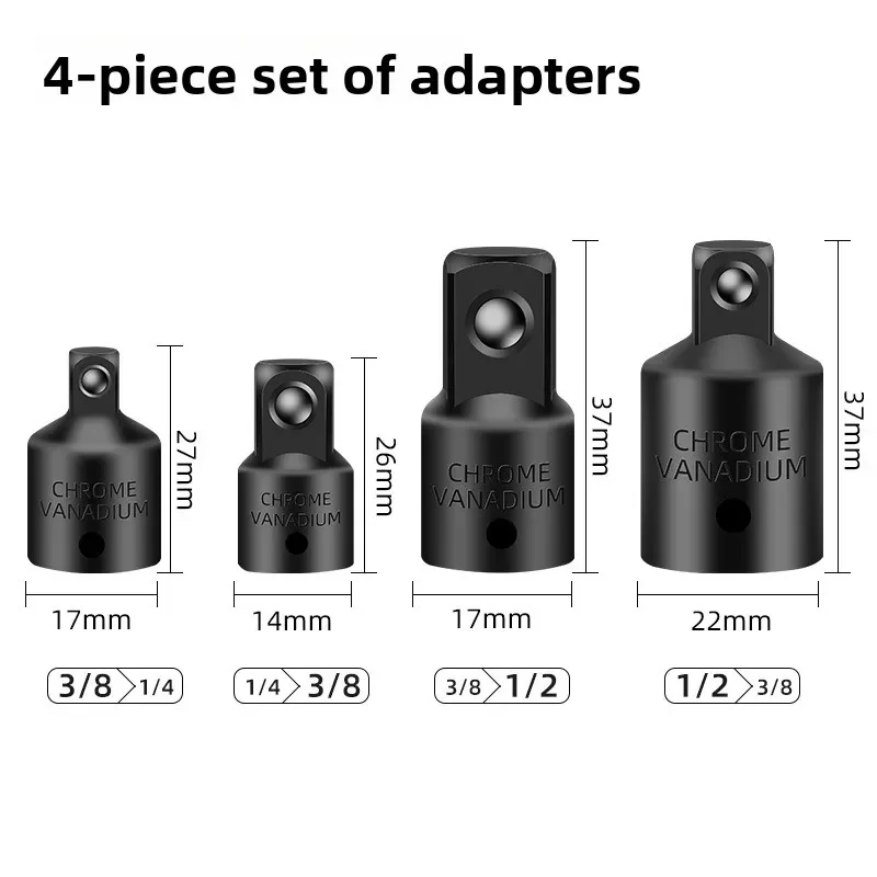 Durable 4PCS Impact Socket Adapter Reducer Set 1/2 3/8 1/4 Inch Use Wrenches Drills in Auto and Impact Driver